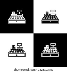 Set Cash register machine with a check icons isolated on black and white background. Cashier sign. Cashbox symbol. Vector Illustration