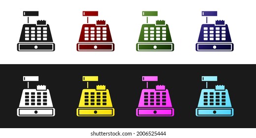 Set Cash register machine with a check icon isolated on black and white background. Cashier sign. Cashbox symbol. Vector Illustration