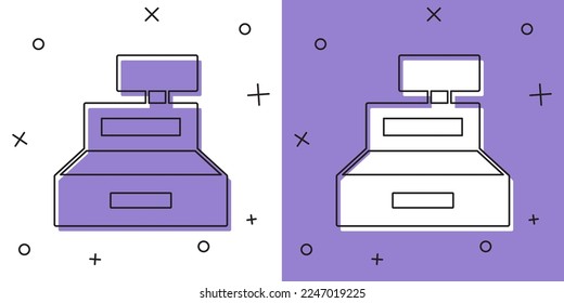 Set Cash register machine with a check icon isolated on white and purple background. Cashier sign. Cashbox symbol.  Vector