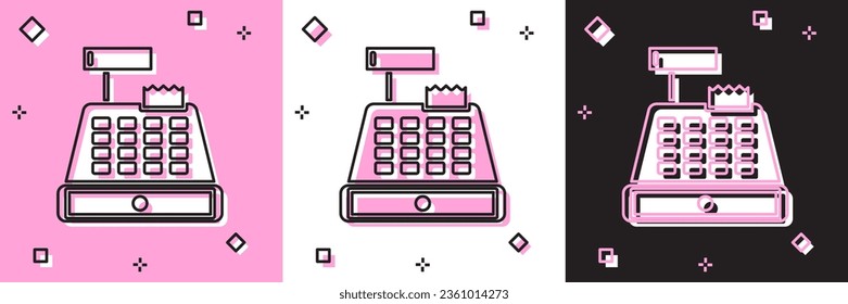 Set Cash-Register-Maschine mit einem Schecksymbol einzeln auf rosafarbenem, weißem, schwarzem Hintergrund. Kassenzeichen. Kästchen-Symbol.  Vektorgrafik