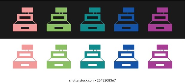 Set Máquina de caja registradora con un icono de cheque aislado en fondo blanco y negro. Letrero de cajero. Símbolo de caja.  Vector