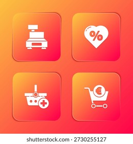 Set Cash register machine, Discount percent tag heart, Add to Shopping basket and cart and euro icon. Vector