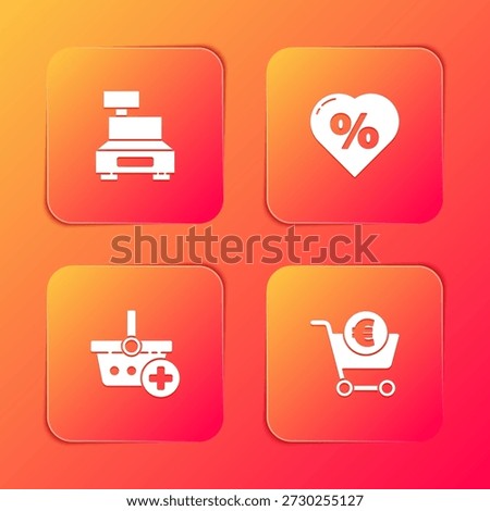 Set Cash register machine, Discount percent tag heart, Add to Shopping basket and cart and euro icon. Vector