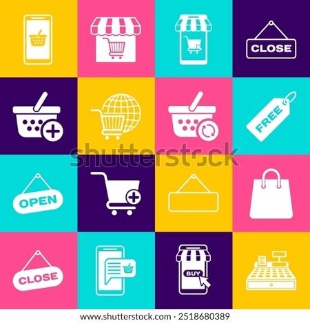 Set Cash register machine, Handbag, Price tag with Free, Mobile shopping cart, Shopping globe, Add to basket,  and Refresh icon. Vector