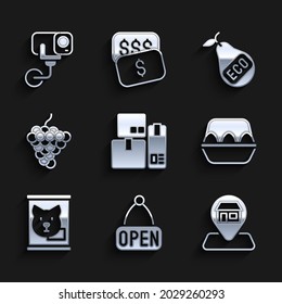Set Cash register machine, Hanging sign with Open, Location Market store, Chicken egg box, Canned food, Grape fruit, Healthy organic pear and Security camera icon. Vector