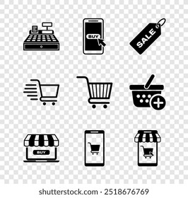 Set Cash register machine, Mobile and shopping cart, Price tag with Sale, Online, Shopping and  icon. Vector