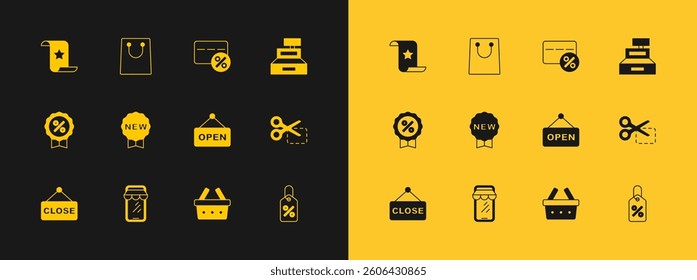 Set Cash register machine, Online shopping on phone, Hanging sign with text Open, Shopping basket, Price tag New, Discount card percent, Paper check and financial check and bag icon. Vector