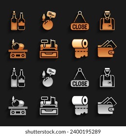 Set Cash register machine, Seller, Wallet with money, Toilet paper roll, Electronic scales for product, Hanging sign Closed, Whiskey bottle and Supermarket food products price label icon. Vector