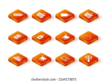 Set Cash register machine, Shopping cart with cursor, Mobile and shopping, Price tag dollar, on laptop, Magnifying glass percent and Signboard hanging icon. Vector