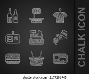 Set Cash register machine, Shopping basket, Identification badge, POS terminal with credit card, Credit, T-shirt and Whiskey bottle icon. Vector