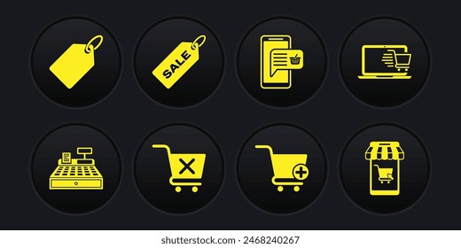 Set Cash register machine, Shopping cart on laptop, Remove shopping, Add, Mobile and basket, Price tag with Sale,  and Label template price icon. Vector