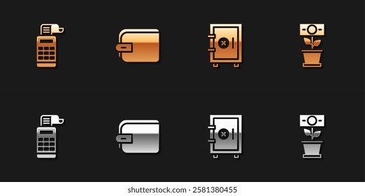 Set Cash register machine, Wallet, Safe and Money plant the pot icon. Vector