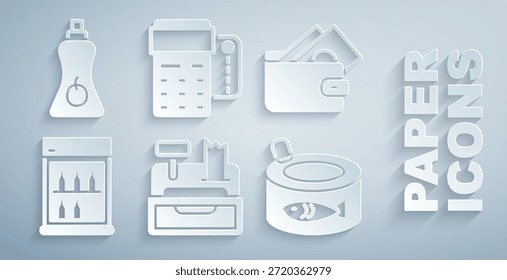 Set Cash register machine, Wallet with money, Commercial refrigerator, Canned fish, POS terminal credit card and Sauce bottle icon. Vector