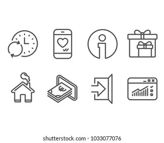Set of Cash, Update time and Delivery boxes icons. Exit, Love chat and Web traffic signs. Atm payment, Refresh clock, Birthday gifts. Escape, Smartphone, Website window. Vector