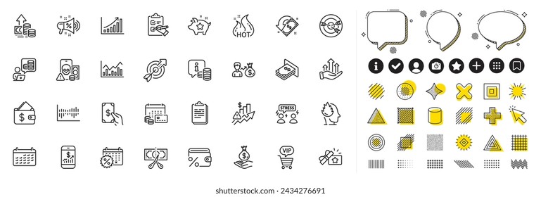Set of Cashback, Budget accounting and Difficult stress line icons for web app. Design elements, Social media icons. Loyalty points, Column diagram, Inflation icons. Vector