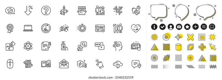 Conjunto de Cartão de cashback, Yummy sorriso e Bloquear ícones de linha de diagrama para aplicativo Web. Elementos de design, ícones de mídia social. Informações de instrução, pagamento por telefone, ícones da Web de rejeição. Vetor