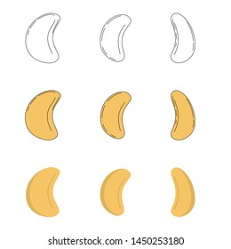Set of cashew in three styles - outline, flat, cartoon. nuts  icons for design and web isolated on white background.