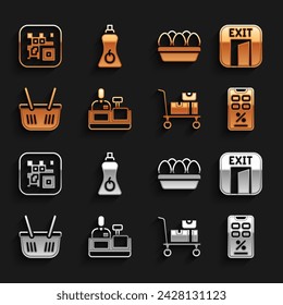 Set Cajero en caja registradora, salida de incendios, porcentaje de descuento y móvil, cajas de camiones de mano, cesta de la compra, huevo de pollo, código QR e icono de la botella de salsa. Vector