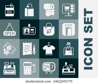 Set Cashier at cash register, Seller, Fire exit, Toilet paper roll, Identification badge, Hanging sign with Open, Bottle of olive and Shopping bag recycle icon. Vector