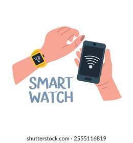 Set for cashless payment, consisting of a smartphone and a smart watch. Vector illustration of a human hand with a smartphone and a smart watch on the hand, payment nfs