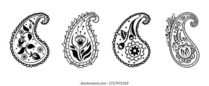 Conjunto de adornos de cachemira y Elementos buta. Conjunto de adornos Paisley con motivos étnicos florales en blanco y negro. Diseño dibujado a mano para textiles, telas, tatuajes, empaques, uso de patrones decorativos.