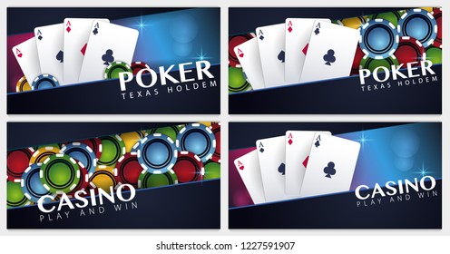 Set of Casino banners with casino chips and cards. Poker club texas holdem. Vector illustration