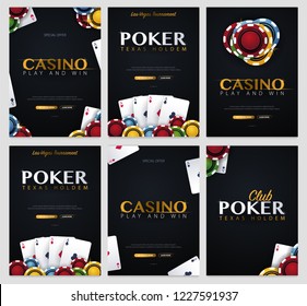 Set of Casino banners with casino chips and cards. Poker club texas holdem. Vector illustration