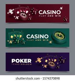 Set of Casino banners with casino chips and cards. Poker club texas holdem. Vector illustration