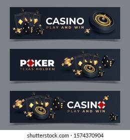 Set of Casino banners with casino chips and cards. Poker club texas holdem. Vector illustration