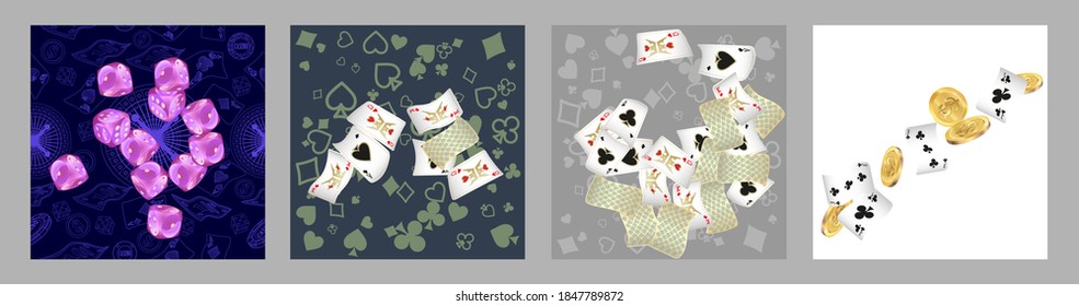 Set of casino banners. Casino game cards are falling. Dice rain. Template for advertising parties, events in Vegas. Vector illustration