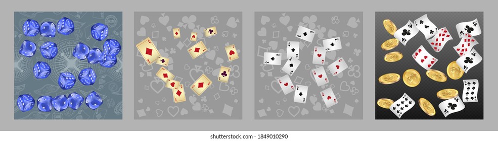 Set of casino banners. Casino game cards are falling. Dice rain. Template for advertising parties, events in Vegas. Vector illustration