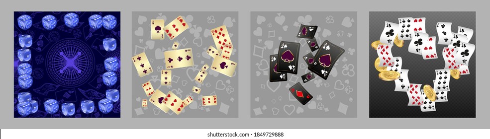 Set of casino banners. Casino game cards are falling. Dice rain. Template for advertising parties, events in Vegas. Vector illustration