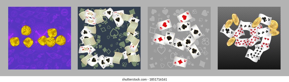Set of casino banners. Casino game cards are falling. Dice rain. Template for advertising parties, events in Vegas. Vector illustration