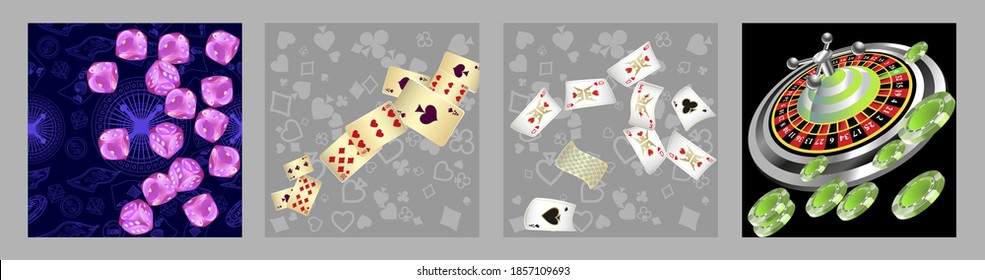 Set of casino banners. Casino game cards are falling. Dice rain. Template for advertising parties, events in Vegas. Vector illustration