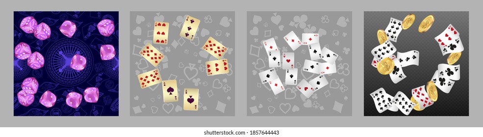 Set of casino banners. Casino game cards are falling. Dice rain. Template for advertising parties, events in Vegas. Vector illustration