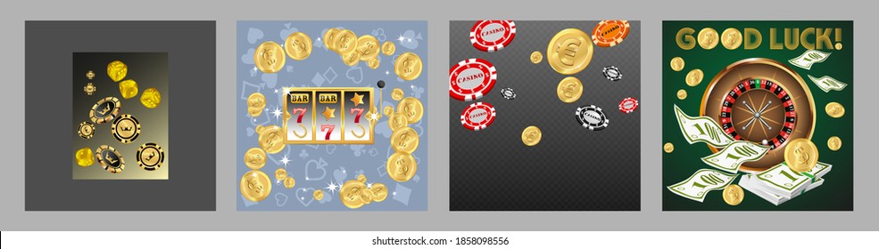 Set of casino banners. Casino game cards are falling. Dice rain. Template for advertising parties, events in Vegas. Vector illustration