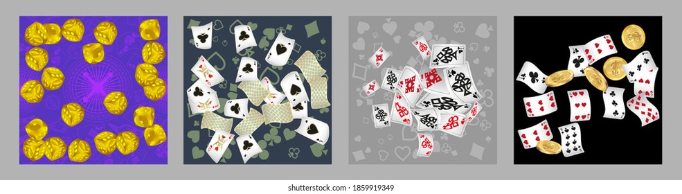 Set of casino banners. Casino game cards are falling. Dice rain. Template for advertising parties, events in Vegas. Vector illustration