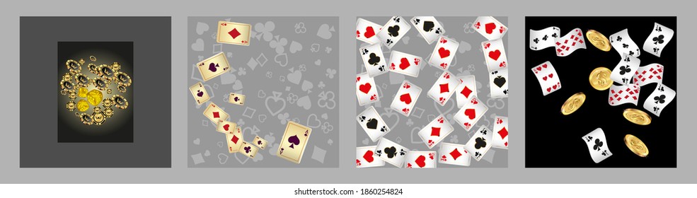 Set of casino banners. Casino game cards are falling. Dice rain. Template for advertising parties, events in Vegas. Vector illustration
