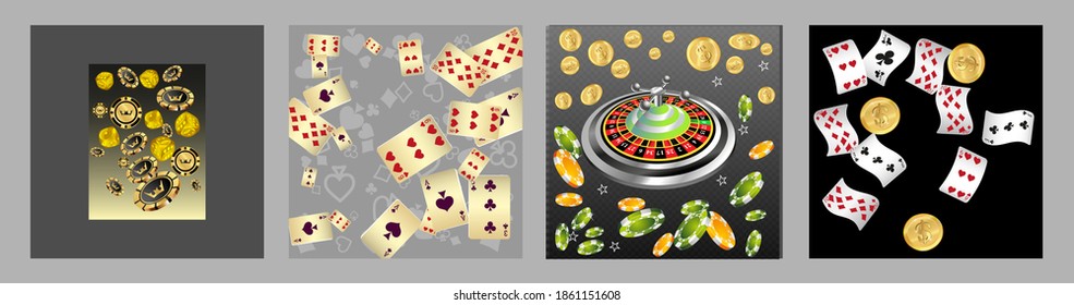 Set of casino banners. Casino game cards are falling. Dice rain. Template for advertising parties, events in Vegas. Vector illustration