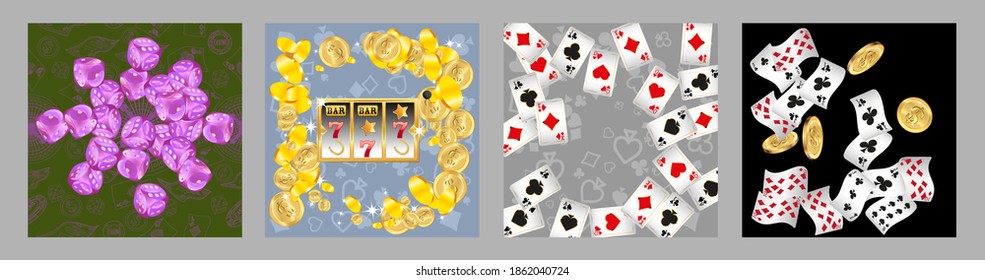 Set of casino banners. Casino game cards are falling. Dice rain. Template for advertising parties, events in Vegas. Vector illustration