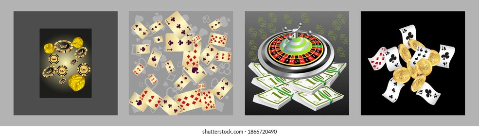 Set of casino banners. Casino game cards are falling. Dice rain. Template for advertising parties, events in Vegas. Vector illustration