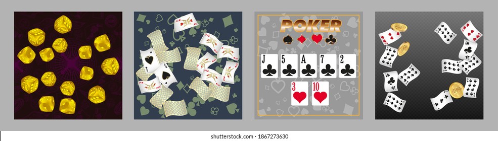 Set of casino banners. Casino game cards are falling. Dice rain. Template for advertising parties, events in Vegas. Vector illustration