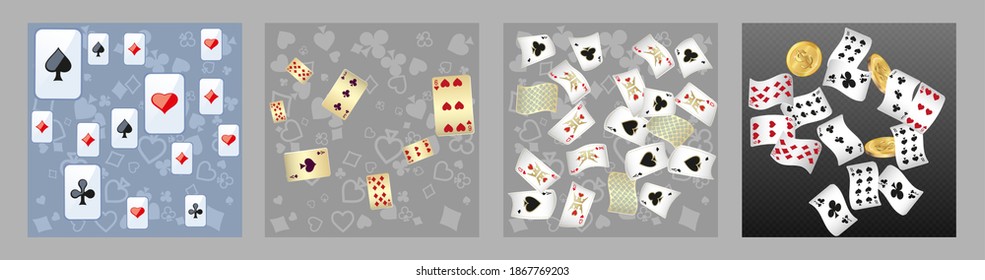 Set of casino banners. Casino game cards are falling. Dice rain. Template for advertising parties, events in Vegas. Vector illustration