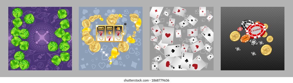 Set of casino banners. Casino game cards are falling. Dice rain. Template for advertising parties, events in Vegas. Vector illustration