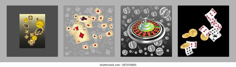 Set of casino banners. Casino game cards are falling. Dice rain. Template for advertising parties, events in Vegas. Vector illustration
