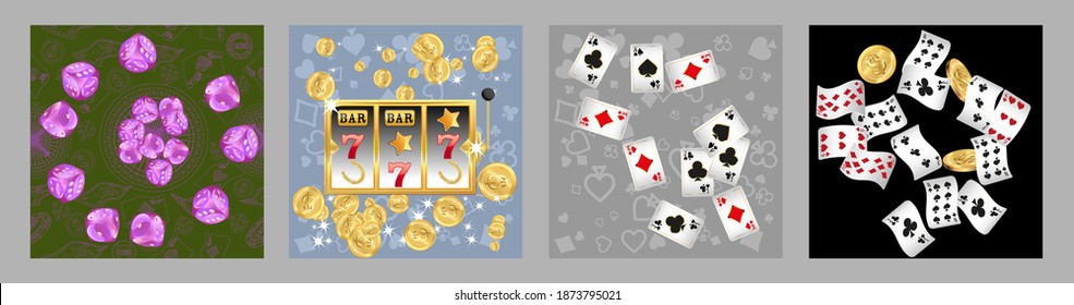 Set of casino banners. Casino game cards are falling. Dice rain. Template for advertising parties, events in Vegas. Vector illustration