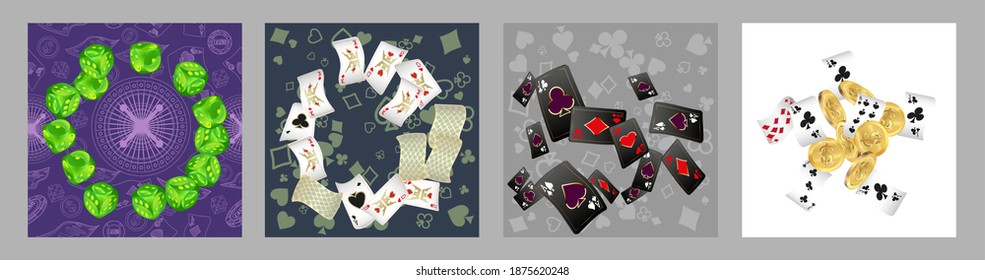 Set of casino banners. Casino game cards are falling. Dice rain. Template for advertising parties, events in Vegas. Vector illustration