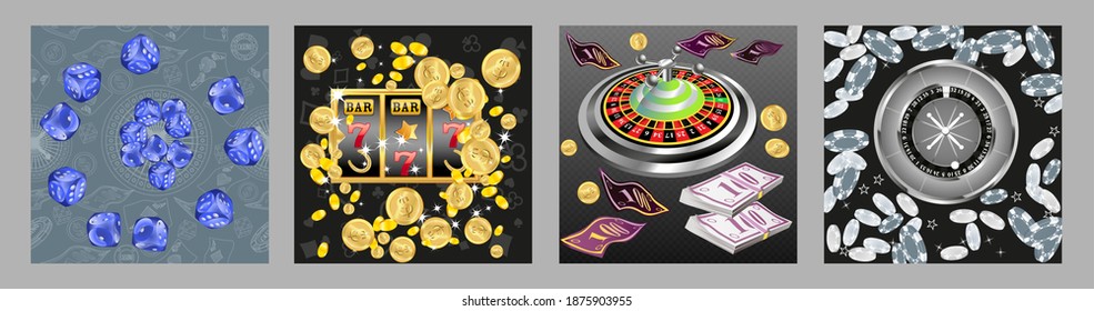 Set of casino banners. Casino game cards are falling. Dice rain. Template for advertising parties, events in Vegas. Vector illustration