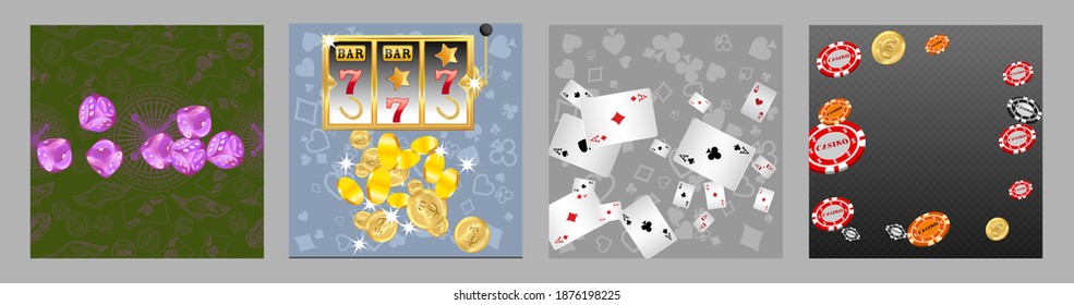 Set of casino banners. Casino game cards are falling. Dice rain. Template for advertising parties, events in Vegas. Vector illustration