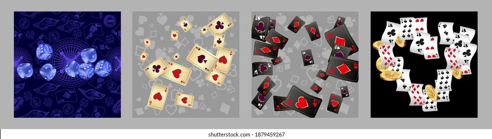 Set of casino banners. Casino game cards are falling. Dice rain. Template for advertising parties, events in Vegas. Vector illustration
